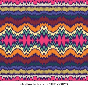 Ikat border. Geometric folk ornament. Ink on clothes. Tribal vector texture. Seamless striped pattern in Aztec style. Ethnic embroidery. Indian, Scandinavian, Gypsy, Mexican, African rug.