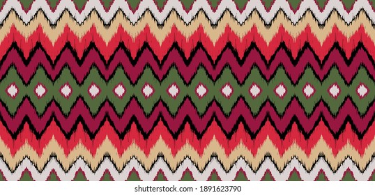 Ikat border. Geometric folk ornament. Ink on clothes. Tribal vector texture. Seamless striped pattern in Aztec style. Ethnic embroidery. Indian, Scandinavian, Gypsy, Mexican, African rug.