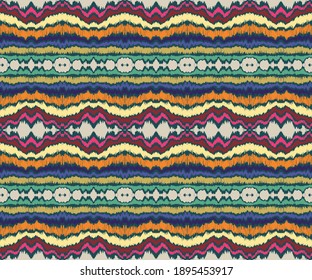 Ikat border. Geometric folk ornament. Ink on clothes. Tribal vector texture. Seamless striped pattern in Aztec style. Ethnic embroidery. Indian, Scandinavian, Gypsy, Mexican, African rug.