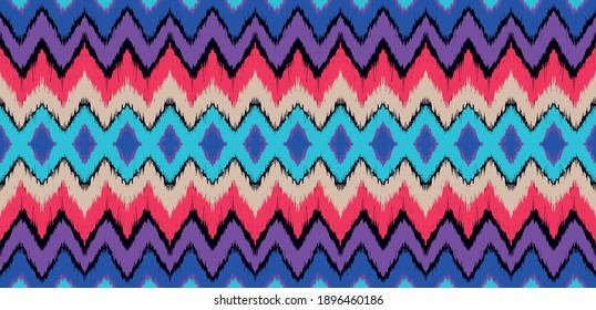 Ikat border. Geometric folk ornament. Ink on clothes. Tribal vector texture. Seamless striped pattern in Aztec style. Ethnic embroidery. Indian, Scandinavian, Gypsy, Mexican, African rug.