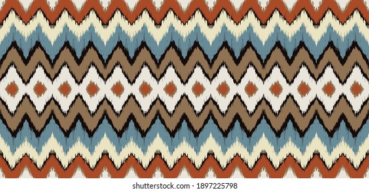 Ikat border. Geometric folk ornament. Tribal vector texture. Seamless striped pattern in Aztec style. Ethnic embroidery. Indian, Scandinavian, Gypsy, Mexican, African rug.