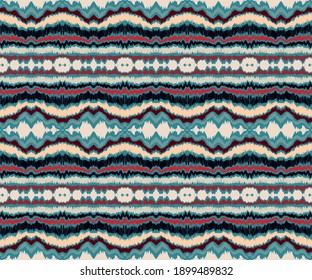 Ikat border. Geometric folk ornament. Ink on clothes. Tribal vector texture. Seamless striped pattern in Aztec style. Ethnic embroidery. Indian, Scandinavian, Gypsy, Mexican, African rug.