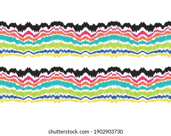 Ikat border. Geometric folk ornament. Ink on clothes. Tribal vector texture. Seamless striped pattern in Aztec style. Ethnic embroidery. Indian, Scandinavian, Gypsy, Mexican, African rug.