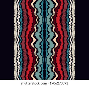 Ikat border. Geometric folk ornament. Ink on clothes. Tribal vector texture. Seamless striped pattern in Aztec style. Ethnic embroidery. Indian, Scandinavian, Gypsy, Mexican, African rug.