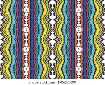 Ikat border. Geometric folk ornament. Ink on clothes. Tribal vector texture. Seamless striped pattern in Aztec style. Ethnic embroidery. Indian, Scandinavian, Gypsy, Mexican, African rug.