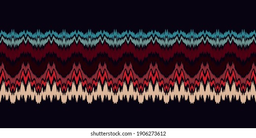 Ikat border. Geometric folk ornament. Ink on clothes. Tribal vector texture. Seamless striped pattern in Aztec style. Ethnic embroidery. Indian, Scandinavian, Gypsy, Mexican, African rug.