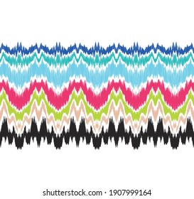 Ikat border. Geometric folk ornament. Ink on clothes. Tribal vector texture. Seamless striped pattern in Aztec style. Ethnic embroidery. Indian, Scandinavian, Gypsy, Mexican, African rug.