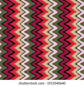 Ikat border. Geometric folk ornament. Ink on clothes. Tribal vector texture. Seamless striped pattern in Aztec style. Ethnic embroidery. Indian, Scandinavian, Gypsy, Mexican, African rug.