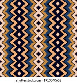 Ikat border. Geometric folk ornament. Ink on clothes. Tribal vector texture. Seamless striped pattern in Aztec style. Ethnic embroidery. Indian, Scandinavian, Gypsy, Mexican, African rug.