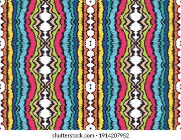 Ikat border. Geometric folk ornament. Ink on clothes. Tribal vector texture. Seamless striped pattern in Aztec style. Ethnic embroidery. Indian, Scandinavian, Gypsy, Mexican, African rug.