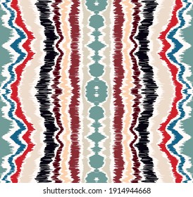 Ikat border. Geometric folk ornament. Ink on clothes. Tribal vector texture. Seamless striped pattern in Aztec style. Ethnic embroidery. Indian, Scandinavian, Gypsy, Mexican, African rug.