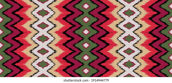 Ikat border. Geometric folk ornament. Ink on clothes. Tribal vector texture. Seamless striped pattern in Aztec style. Ethnic embroidery. Indian, Scandinavian, Gypsy, Mexican, African rug.
