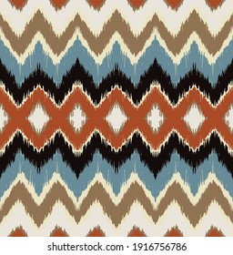 Ikat border. Geometric folk ornament. Ink on clothes. Tribal vector texture. Seamless striped pattern in Aztec style. Ethnic embroidery. Indian, Scandinavian, Gypsy, Mexican, African rug.