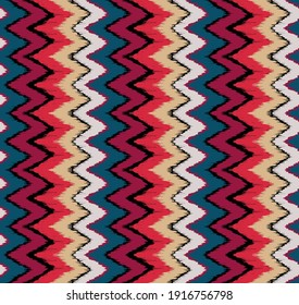 Ikat border. Geometric folk ornament. Ink on clothes. Tribal vector texture. Seamless striped pattern in Aztec style. Ethnic embroidery. Indian, Scandinavian, Gypsy, Mexican, African rug.