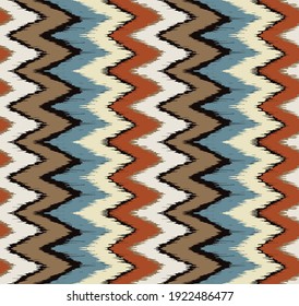 Ikat border. Geometric folk ornament. Ink on clothes. Tribal vector texture. Seamless striped pattern in Aztec style. Ethnic embroidery. Indian, Scandinavian, Gypsy, Mexican, African rug.