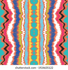 Ikat border. Geometric folk ornament. Ink on clothes. Tribal vector texture. Seamless striped pattern in Aztec style. Ethnic embroidery. Indian, Scandinavian, Gypsy, Mexican, African rug.