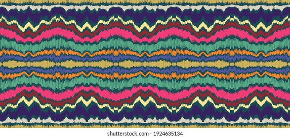 Ikat border. Geometric folk ornament. Ink on clothes. Tribal vector texture. Seamless striped pattern in Aztec style. Ethnic embroidery. Indian, Scandinavian, Gypsy, Mexican, African rug.