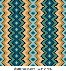 Ikat border. Geometric folk ornament. Ink on clothes. Tribal vector texture. Seamless striped pattern in Aztec style. Ethnic embroidery. Indian, Scandinavian, Gypsy, Mexican, African rug.