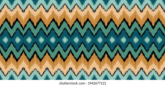 Ikat border. Geometric folk ornament. Ink on clothes. Tribal vector texture. Seamless striped pattern in Aztec style. Ethnic embroidery. Indian, Scandinavian, Gypsy, Mexican, African rug.