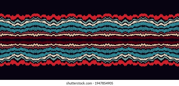 Ikat border. Geometric folk ornament. Ink on clothes. Tribal vector texture. Seamless striped pattern in Aztec style. Ethnic embroidery. Indian, Scandinavian, Gypsy, Mexican, African rug.