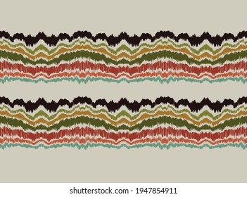 Ikat border. Geometric folk ornament. Ink on clothes. Tribal vector texture. Seamless striped pattern in Aztec style. Ethnic embroidery. Indian, Scandinavian, Gypsy, Mexican, African rug.