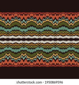 Ikat border. Geometric folk ornament. Ink on clothes. Tribal vector texture. Seamless striped pattern in Aztec style. Ethnic embroidery. Indian, Scandinavian, Gypsy, Mexican, African rug.