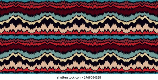 Ikat border. Geometric folk ornament. Ink on clothes. Tribal vector texture. Seamless striped pattern in Aztec style. Ethnic embroidery. Indian, Scandinavian, Gypsy, Mexican, African rug.