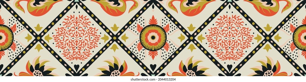 Ikat border. Geometric folk ornament. Tribal vector texture. Seamless striped pattern in Aztec style. Ethnic embroidery. Indian, Scandinavian, Gypsy, Mexican, African rug.