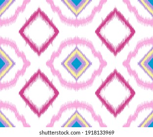 Ikat chevron diseño de patrones sin fisuras para las ideas de decoración en casa. Tela, azteca, boho, geométrico, de origen étnico. Decoración de papel de pared de tela de almohada. Ilustraciones vectoriales de estilo indio, africano y asiático 