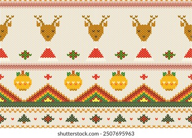 Ikat Christmas cross stitch textile elements abstract geometric seamless pattern. Modern retro boho minimalist style design or sweater, knitting, knitwear, fabric, ornament, embroidery, tablecloth