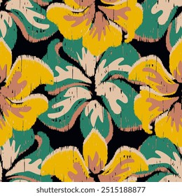 Ikat colorido abstrato padrão floral. Vetor ikat caprichoso em todas as flores padrão sem costura. Padrão floral de ikat de aquarela para uso de tecido, têxtil, elementos de decoração de casa, estofamento, etc.