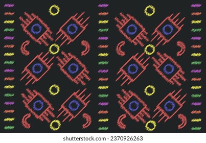 Ikat colorful embroidery on Black background. geometric modern oriental pattern Scandinavian. Aztec style abstract vector illustration. design for texture,fabric,clothing,wrapping,decoration,scarf