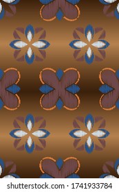 Ikat colorful seamless ornament pattern. Ethnic indigo and brown tile repeat background for textile, wallpaper, card or wrapping paper.
