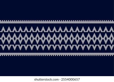 Ikat cross stitch geometric embroidery seamless knitted pattern on damask background. Perfect decorative design for sweater, fabric, decoration, illustration, ornament, texture, textile, interior	