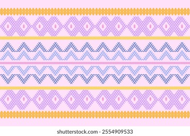 Ikat cross stitch geometric embroidery seamless knitted pattern on damask background. Perfect decorative design for sweater, fabric, decoration, illustration, ornament, texture, textile, interior