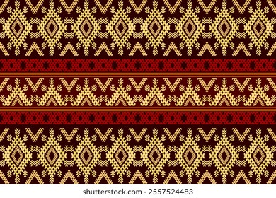 Ikat cross stitch geometric embroidery seamless knitted pattern on damask background. Perfect decorative design for sweater, fabric, decoration, illustration, ornament, texture, textile, interior