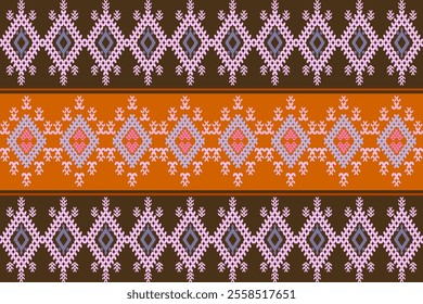 Ikat cross stitch geometric embroidery seamless knitted pattern on damask background. Perfect decorative design for sweater, fabric, decoration, illustration, ornament, texture, textile, interior