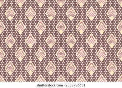 Ikat cross stitch geometric embroidery seamless knitted pattern on beautiful background. Perfect decorative design for sweater, fabric, decoration, illustration, ornament, texture, textile, interior