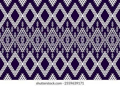 Ikat cross stitch geometric embroidery seamless knitted pattern on beautiful background. Perfect decorative design for sweater, fabric, decoration, illustration, ornament, texture, textile, interior
