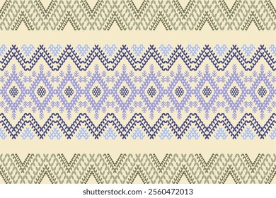 Ikat cross stitch geometric embroidery seamless knitted pattern on beautiful background. Perfect decorative design for sweater, fabric, decoration, illustration, ornament, texture, textile, interior