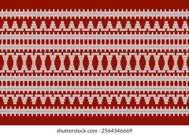 Ikat cross stitch geometric embroidery seamless knitted pattern on damask background. Perfect decorative design for sweater, fabric, decoration, illustration, ornament, texture, textile, interior