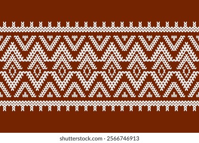 Ikat cross stitch geometric embroidery seamless knitted pattern on damask background. Perfect decorative design for sweater, fabric, decoration, illustration, ornament, texture, textile, interior