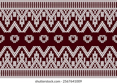 Ikat cross stitch geometric embroidery seamless knitted pattern on damask background. Perfect decorative design for sweater, fabric, decoration, illustration, ornament, texture, textile, interior