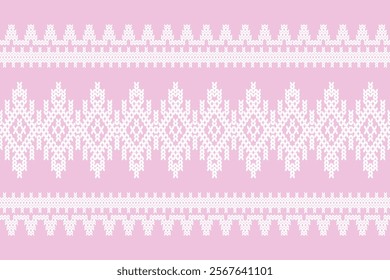 Ikat cross stitch geometric embroidery seamless knitted pattern on damask background. Perfect decorative design for sweater, fabric, decoration, illustration, ornament, texture, textile, interior