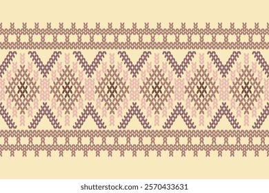 Ikat cross stitch geometric embroidery seamless knitted pattern on damask background. Perfect decorative design for sweater, fabric, decoration, illustration, ornament, texture, textile, interior