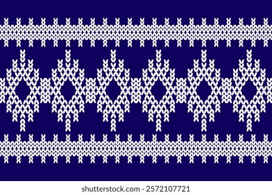Ikat cross stitch geometric embroidery seamless knitted pattern on damask background. Perfect decorative design for sweater, fabric, decoration, illustration, ornament, texture, textile, interior