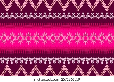 Ikat cross stitch geometric embroidery seamless knitted pattern on damask background. Perfect decorative design for sweater, fabric, decoration, illustration, ornament, texture, textile, interior