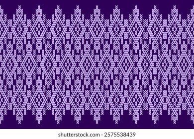 Ikat cross stitch geometric embroidery seamless knitted pattern on damask background. Perfect decorative design for sweater, fabric, decoration, illustration, ornament, texture, textile, interior