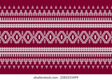 Ikat cross stitch geometric embroidery seamless knitted pattern on damask background. Perfect decorative design for sweater, fabric, decoration, illustration, ornament, texture, textile, interior
