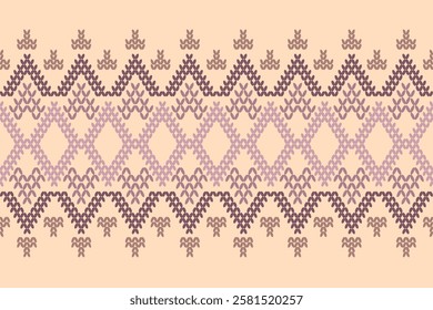 Ikat cross stitch geometric embroidery seamless knitted pattern on damask background. Perfect decorative design for sweater, fabric, decoration, illustration, ornament, texture, textile, interior